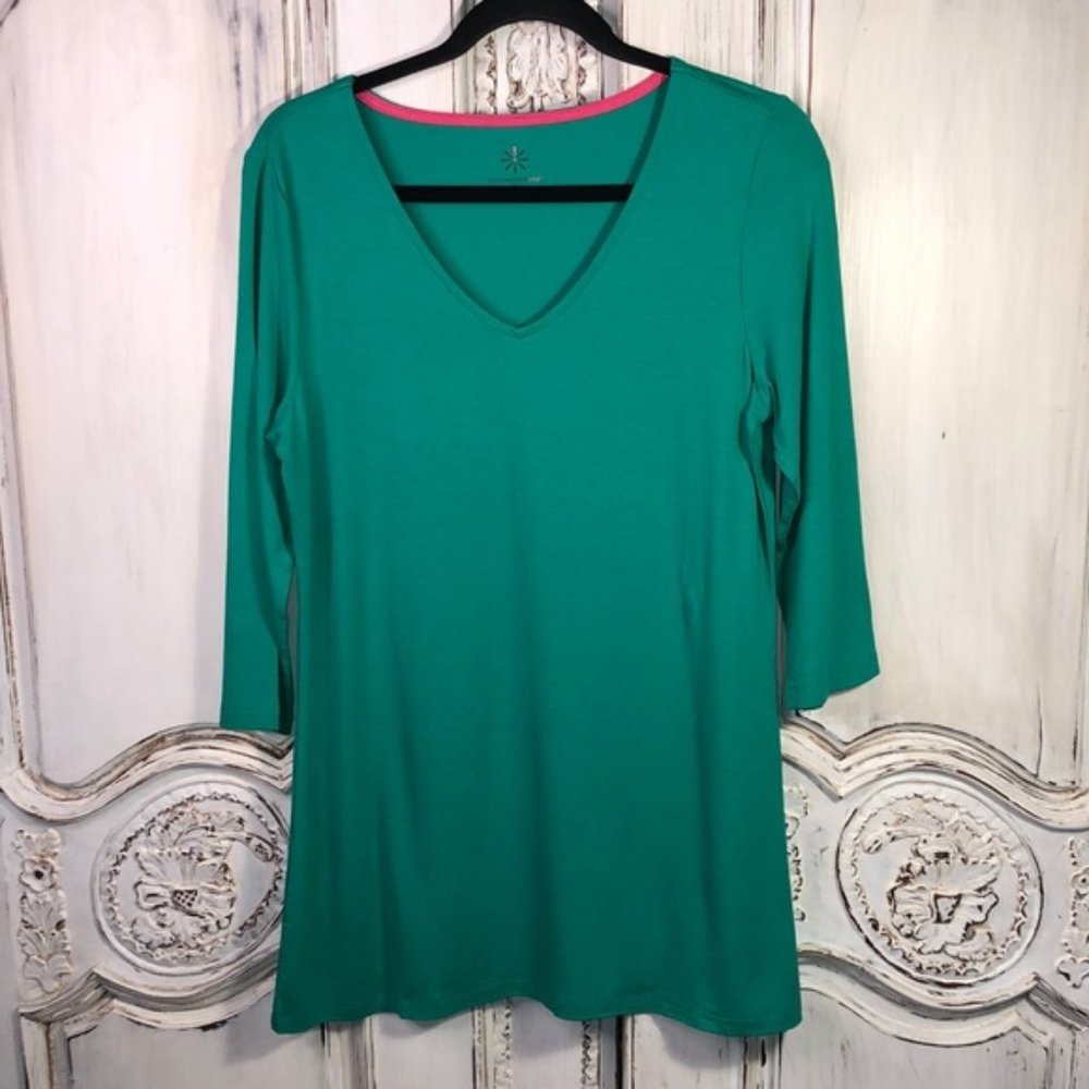 Issac Mizrahi Live Deep V Neck Mid Sleeve Green Rayon and Spandex Mini Dress S/S
